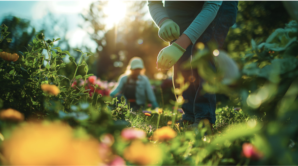 Eine Person gärtnert inmitten leuchtender Blumen, im Hintergrund eine weitere Person, im warmen Sonnenlicht.