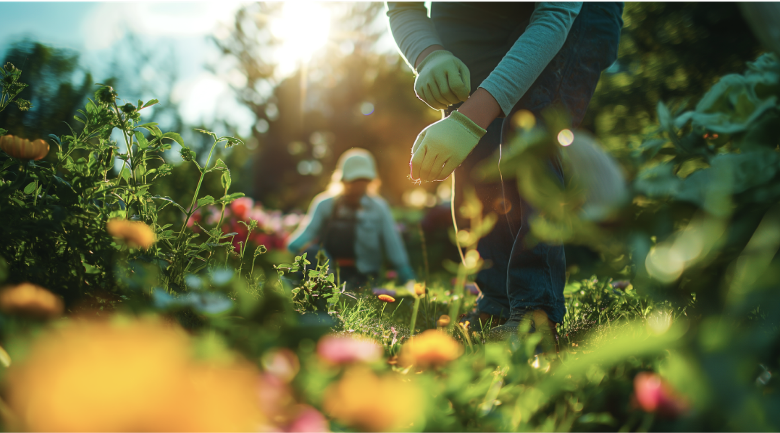 Eine Person gärtnert inmitten leuchtender Blumen, im Hintergrund eine weitere Person, im warmen Sonnenlicht.