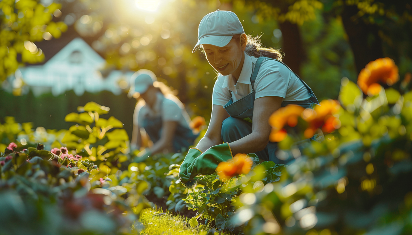 Eine Frau mit Mütze und Schürze gärtnert in einem sonnenbeschienenen Blumenbeet. Im Hintergrund ist eine weitere Person zu sehen.