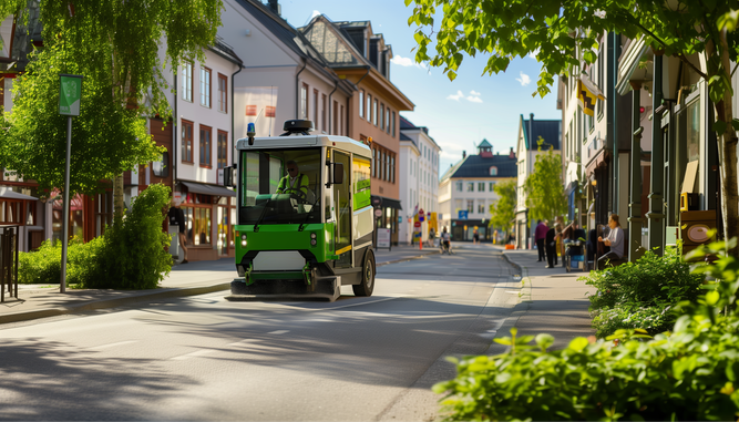 A green and white tram travels down a sunlit urban street lined with colorful buildings and greenery, with pedestrians in the distance.