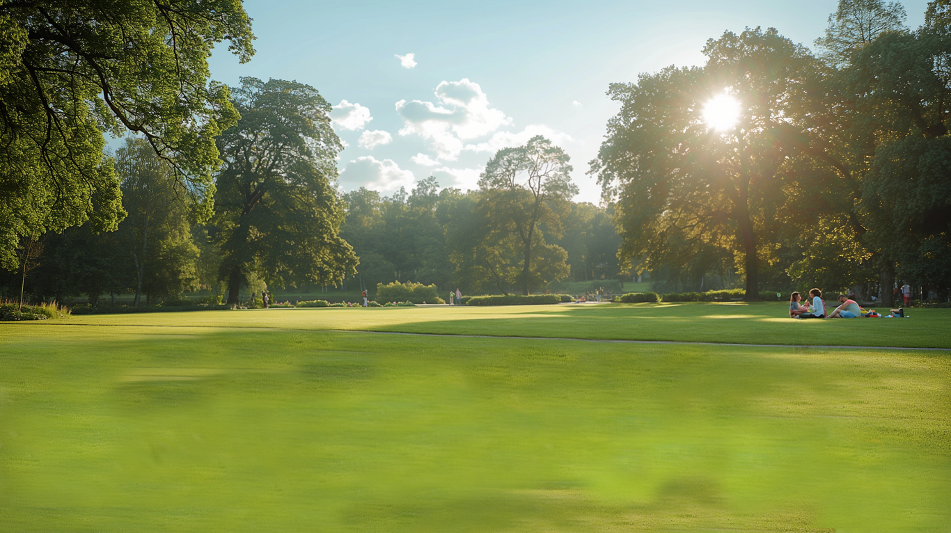 Sunlit park with people relaxing on the grass, tall trees in the background, and sunbeams filtering through the foliage.