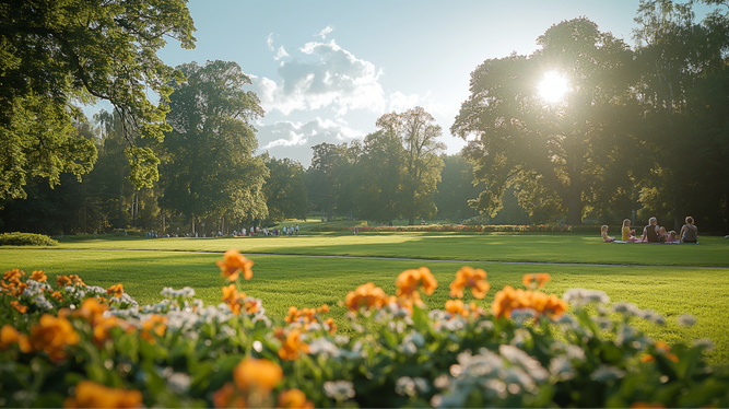 Solljus som filtrerar genom träd i en park med människor som kopplar av i gräset och livfulla blommor i förgrunden.