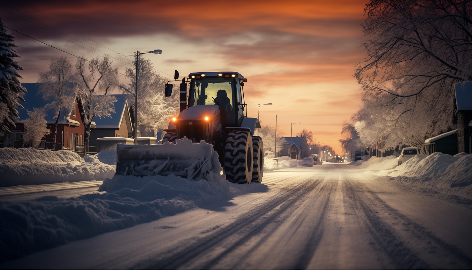 Ein Schneepflug räumt in der Abenddämmerung eine Straße in einem Wohngebiet, mit einem farbenprächtigen Sonnenuntergang im Hintergrund und schneebedeckten Bäumen entlang der Straße.