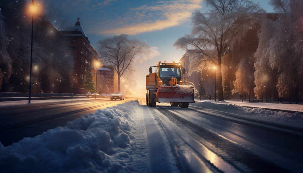 Ein Schneepflug räumt in der Dämmerung eine verschneite Straße, mit beleuchteten Straßenlaternen und schneebedeckten Bäumen entlang der Straße.