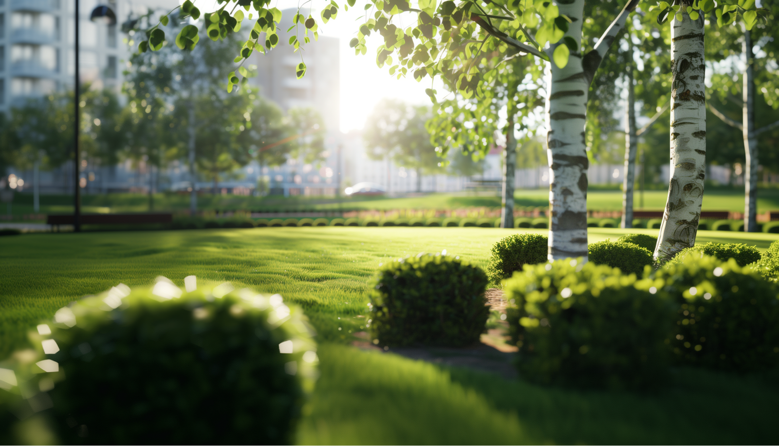 Sunlit park with lush green grass, birch trees, and manicured hedges, with a blurred urban backdrop.