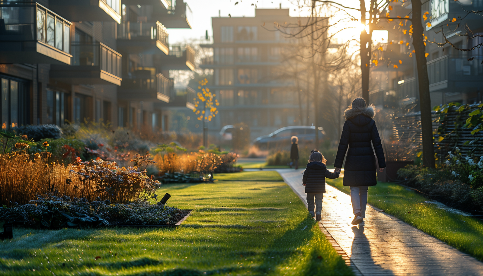 En kvinna och ett litet barn går iväg på en solbelyst stig, omgivna av moderna hyreshus och höstlövverk.