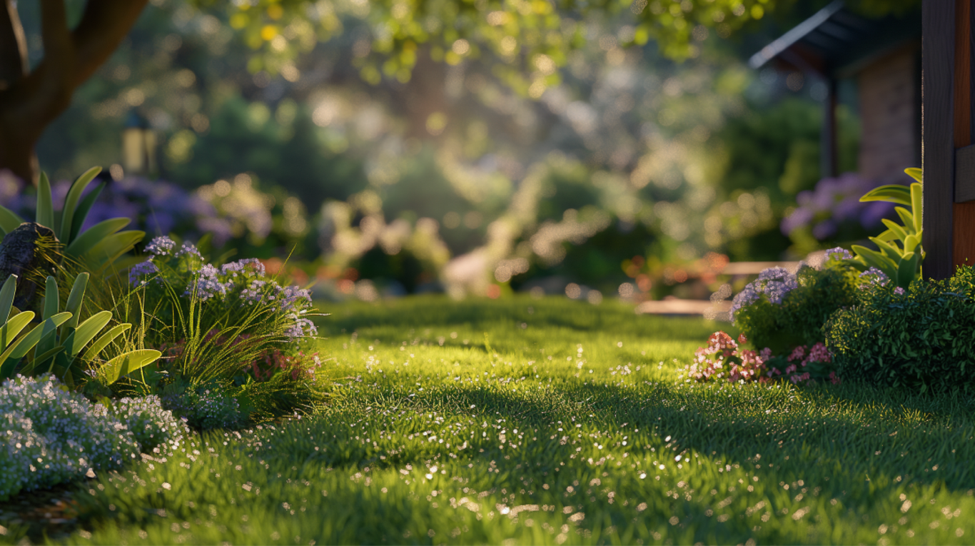 Sunlit garden path lined with lush green grass and colorful flowers, leading towards a shaded tree area, with a glimpse of a wooden building on the left.